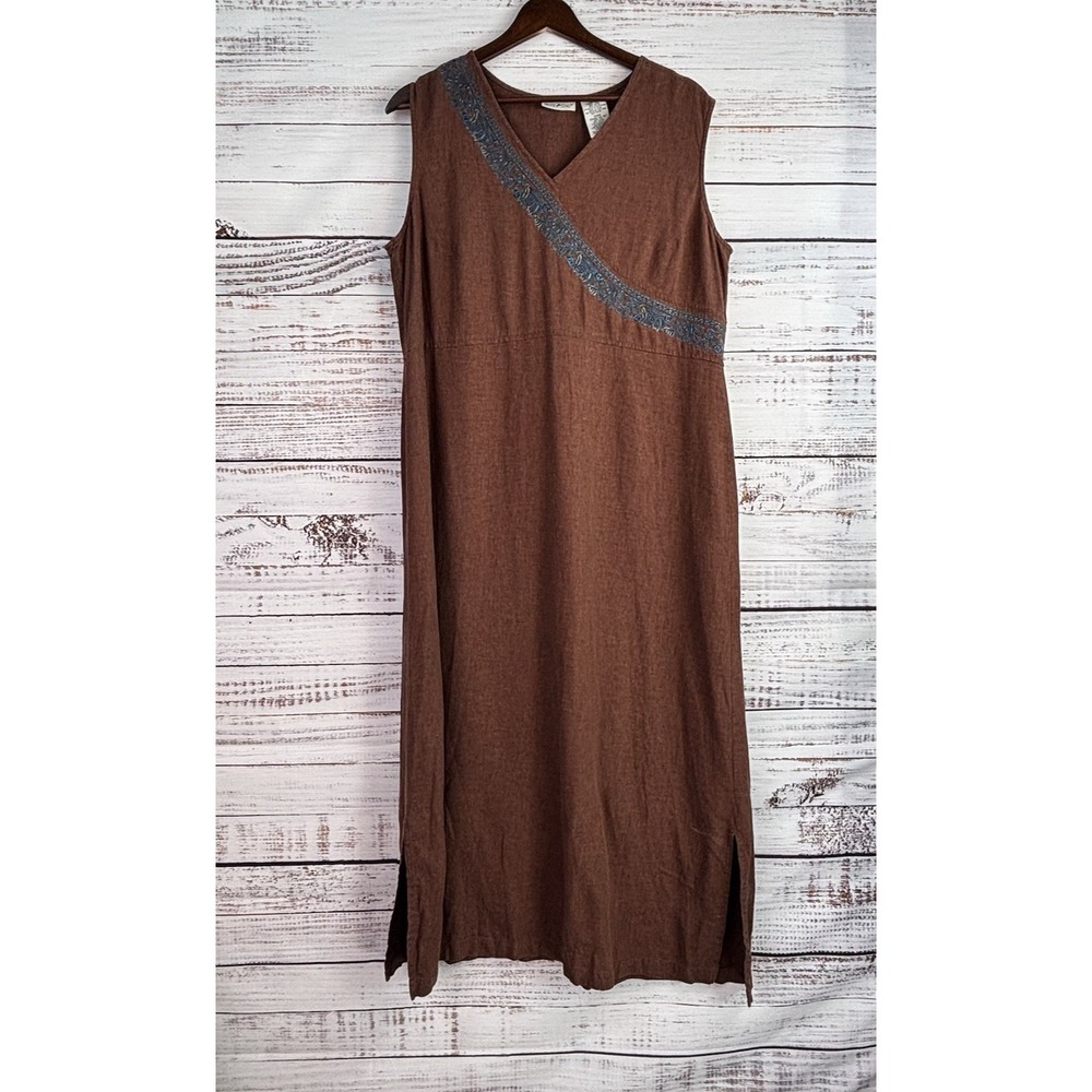 Vintage 90s LOng Linen Blend Dress L Sleeveless Brown Embroidered Lagenlook Boho - Picture 2 of 9